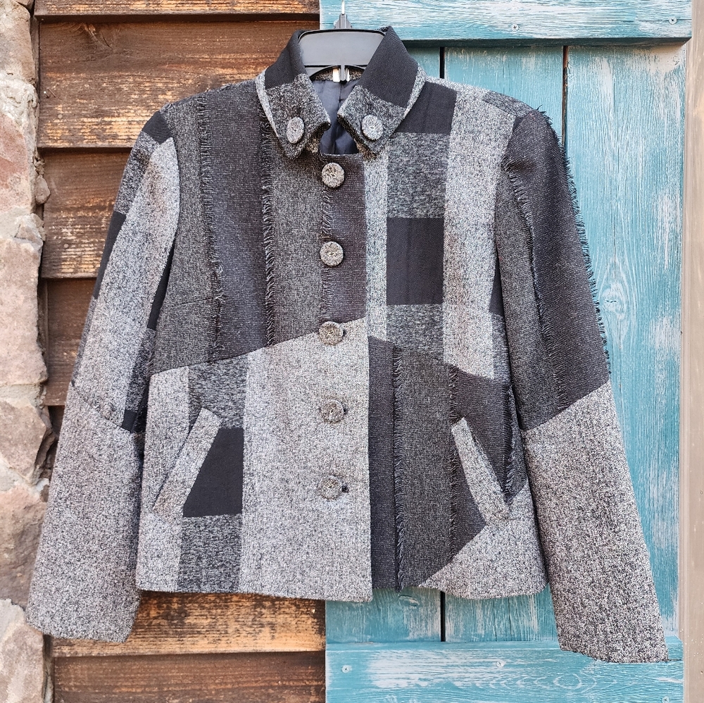 Coldwater Creek Womens Jacket Blazer Patchwork Fringe 12 Black Grays